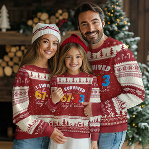 I Survived 67 33 Days Of School Ugly Christmas Sweater Funny Six Seven Meme Boys Kids 100th Day TS10 Red Beige Print Your Wear
