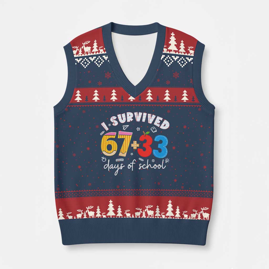 I Survived 67 33 Days Of School V-Neck Knit Sweater Vest Funny Six Seven Meme Boys Kids 100th Day TS10 Navy Red Print Your Wear