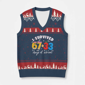 I Survived 67 33 Days Of School V-Neck Knit Sweater Vest Funny Six Seven Meme Boys Kids 100th Day TS10 Navy Red Print Your Wear