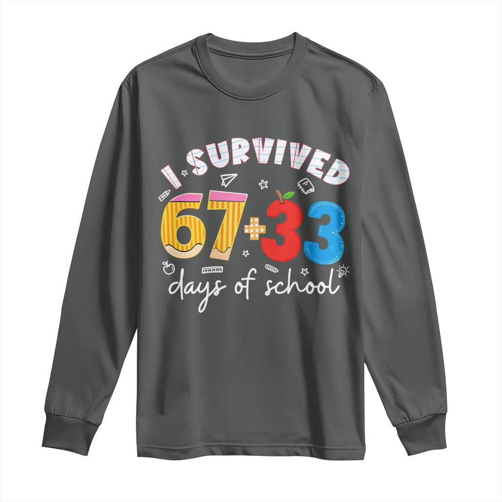 I Survived 67 33 Days Of School Long Sleeve Shirt Funny Six Seven Meme Boys Kids 100th Day TS10 Dark Heather Print Your Wear