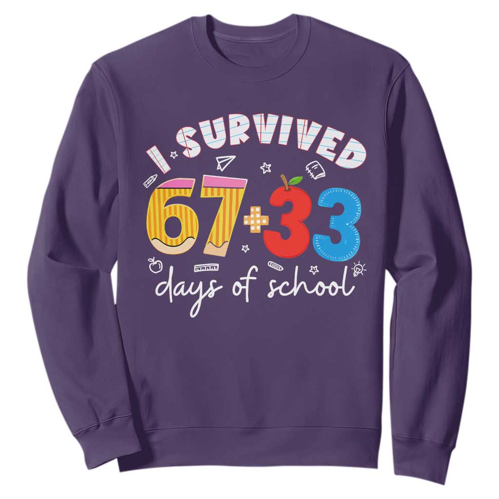 I Survived 67 33 Days Of School Sweatshirt Funny Six Seven Meme Boys Kids 100th Day TS10 Purple Print Your Wear
