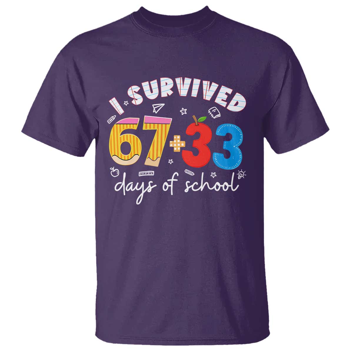 I Survived 67 33 Days Of School T Shirt Funny Six Seven Meme Boys Kids 100th Day TS10 Purple Print Your Wear