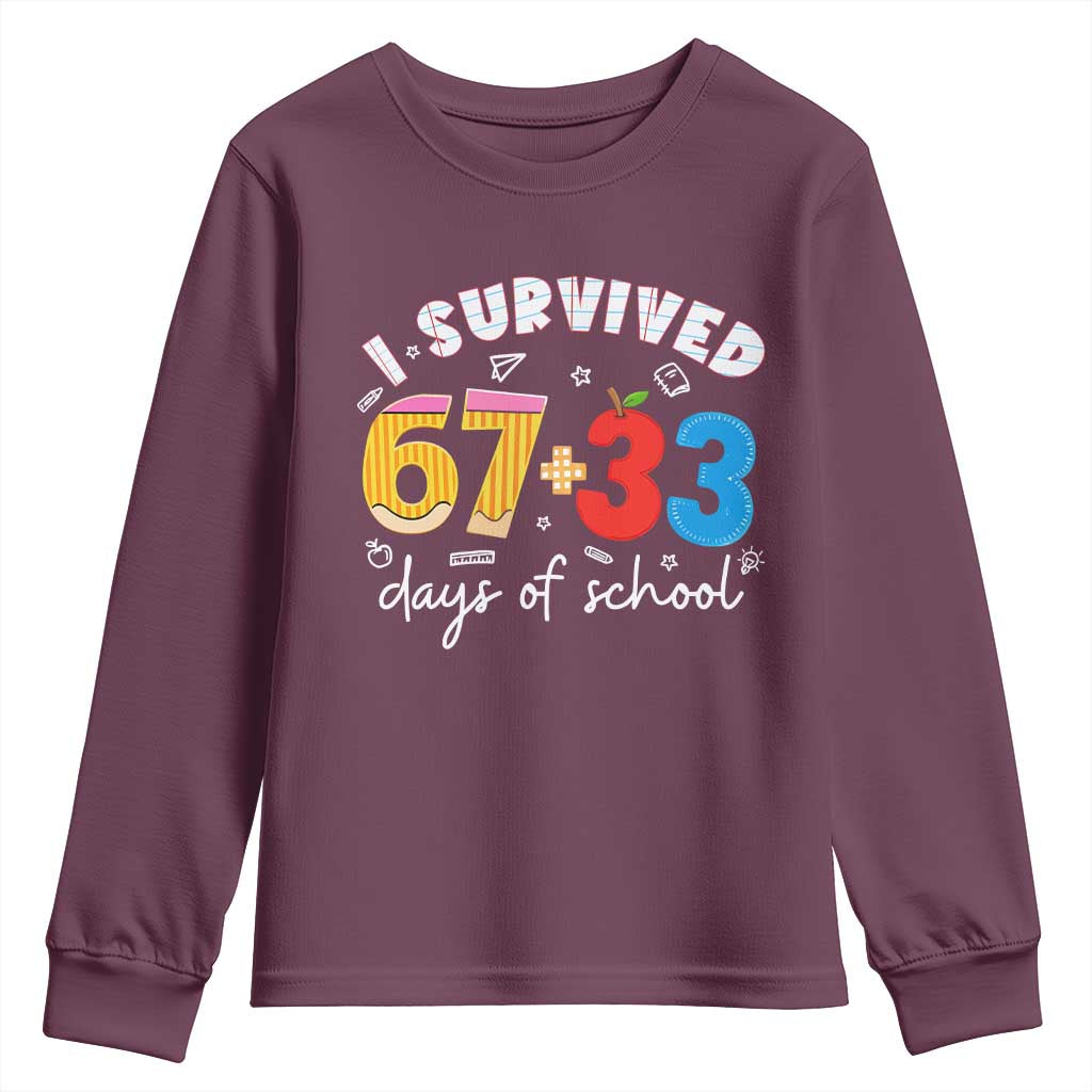 I Survived 67 33 Days Of School Youth Sweatshirt Funny Six Seven Meme Boys Kids 100th Day TS10 Maroon Print Your Wear