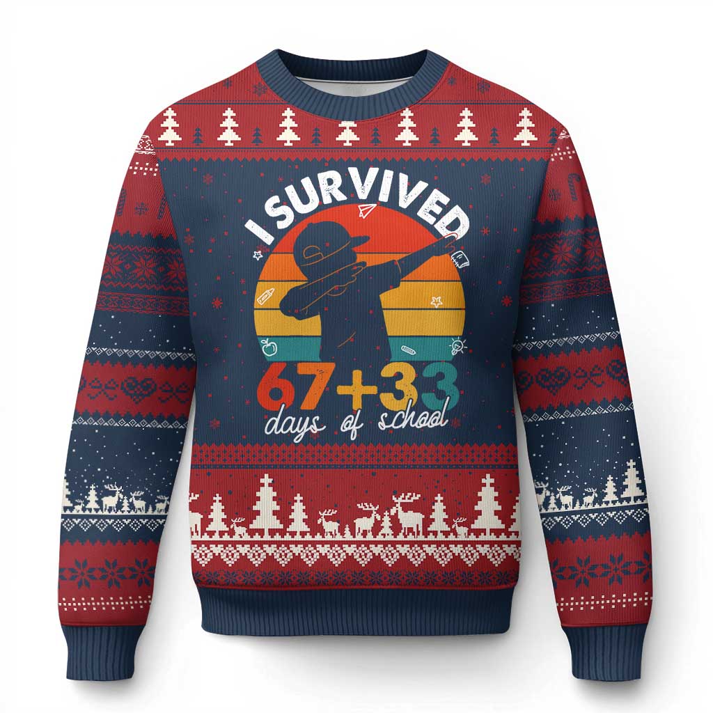 I Survived 67 33 Days Of School Ugly Christmas Sweater Funny Six Seven Meme Math Teacher Kids 100th Day TS10 Navy Red Print Your Wear