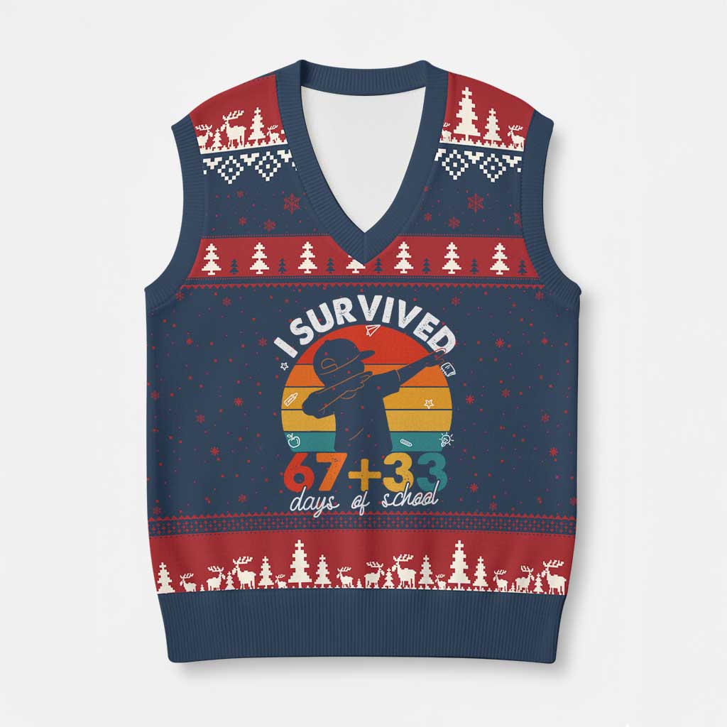 I Survived 67 33 Days Of School V-Neck Knit Sweater Vest Funny Six Seven Meme Math Teacher Kids 100th Day TS10 Navy Red Print Your Wear