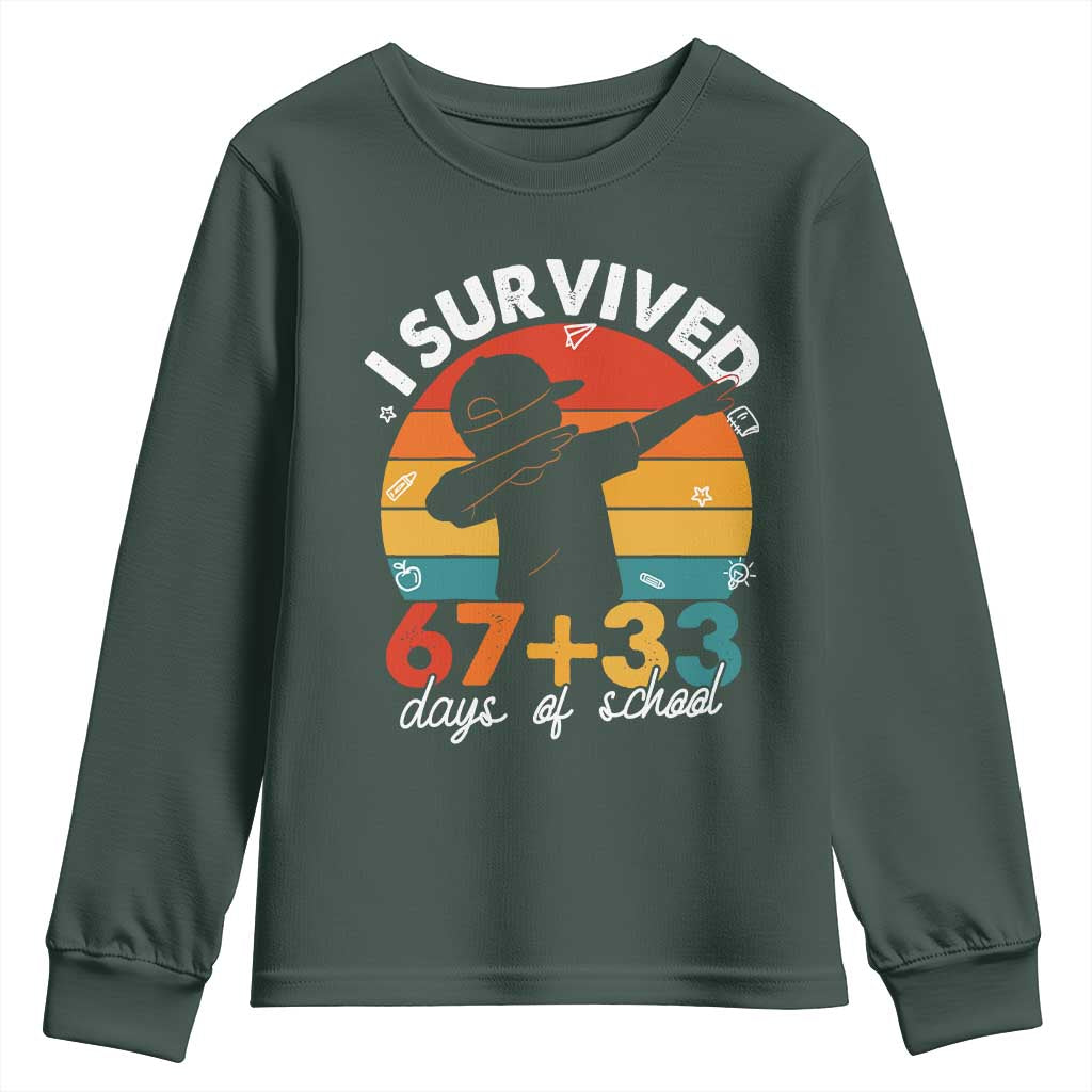 I Survived 67 33 Days Of School Youth Sweatshirt Funny Six Seven Meme Math Teacher Kids 100th Day TS10 Dark Forest Green Print Your Wear