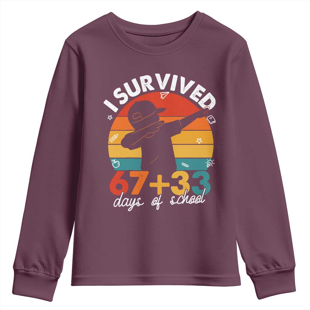I Survived 67 33 Days Of School Youth Sweatshirt Funny Six Seven Meme Math Teacher Kids 100th Day TS10 Maroon Print Your Wear