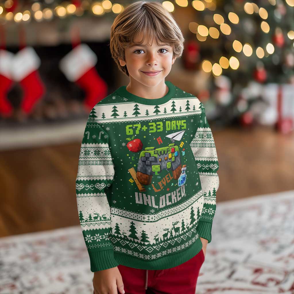 67 33 100 Days Level Unlocked Ugly Christmas Sweater Gaming 100th Day of School Boys Kid TS10 Forest Green Beige Print Your Wear