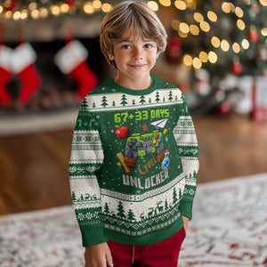 67 33 100 Days Level Unlocked Ugly Christmas Sweater Gaming 100th Day of School Boys Kid TS10 Forest Green Beige Print Your Wear