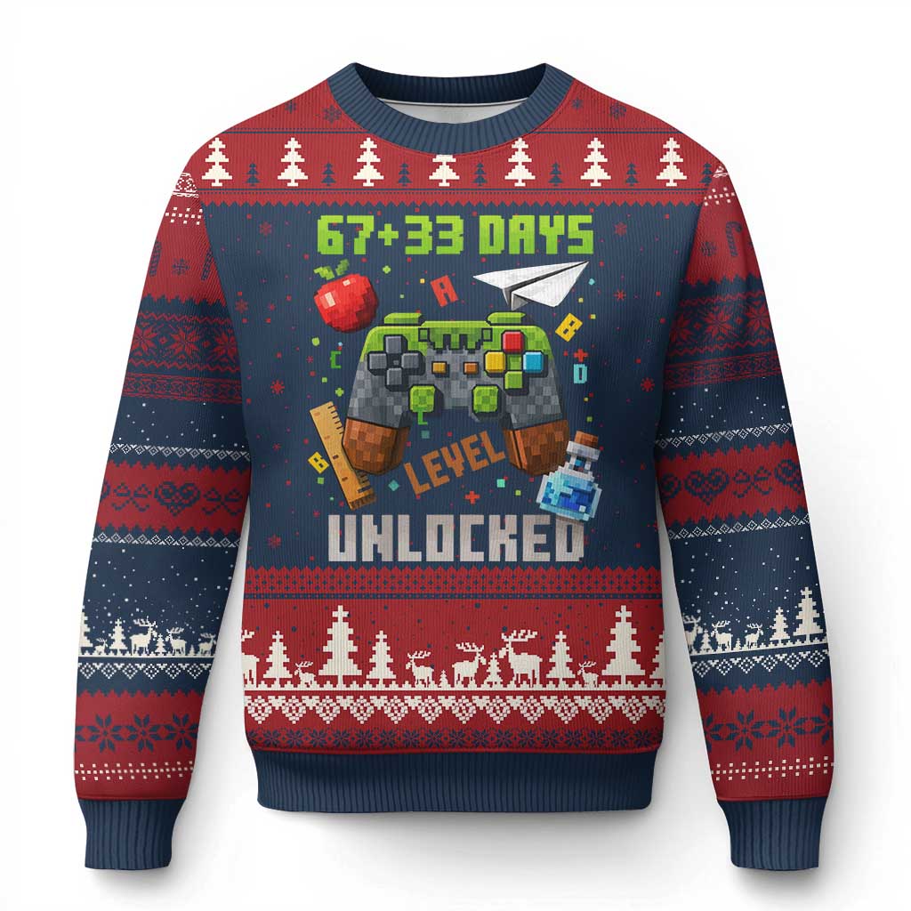 67 33 100 Days Level Unlocked Ugly Christmas Sweater Gaming 100th Day of School Boys Kid TS10 Navy Red Print Your Wear