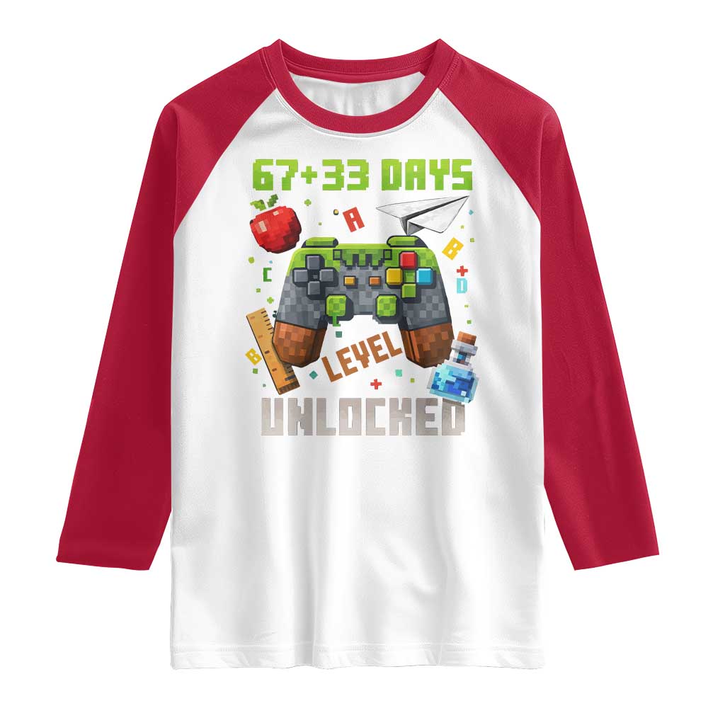 67 33 100 Days Level Unlocked Raglan Shirt Gaming 100th Day of School Boys Kid TS10 White Red Print Your Wear