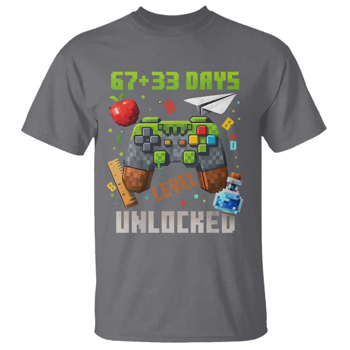 67 33 100 Days Level Unlocked T Shirt - Gaming 100th Day of School Boys Kids Tee TS10 Charcoal Print Your Wear