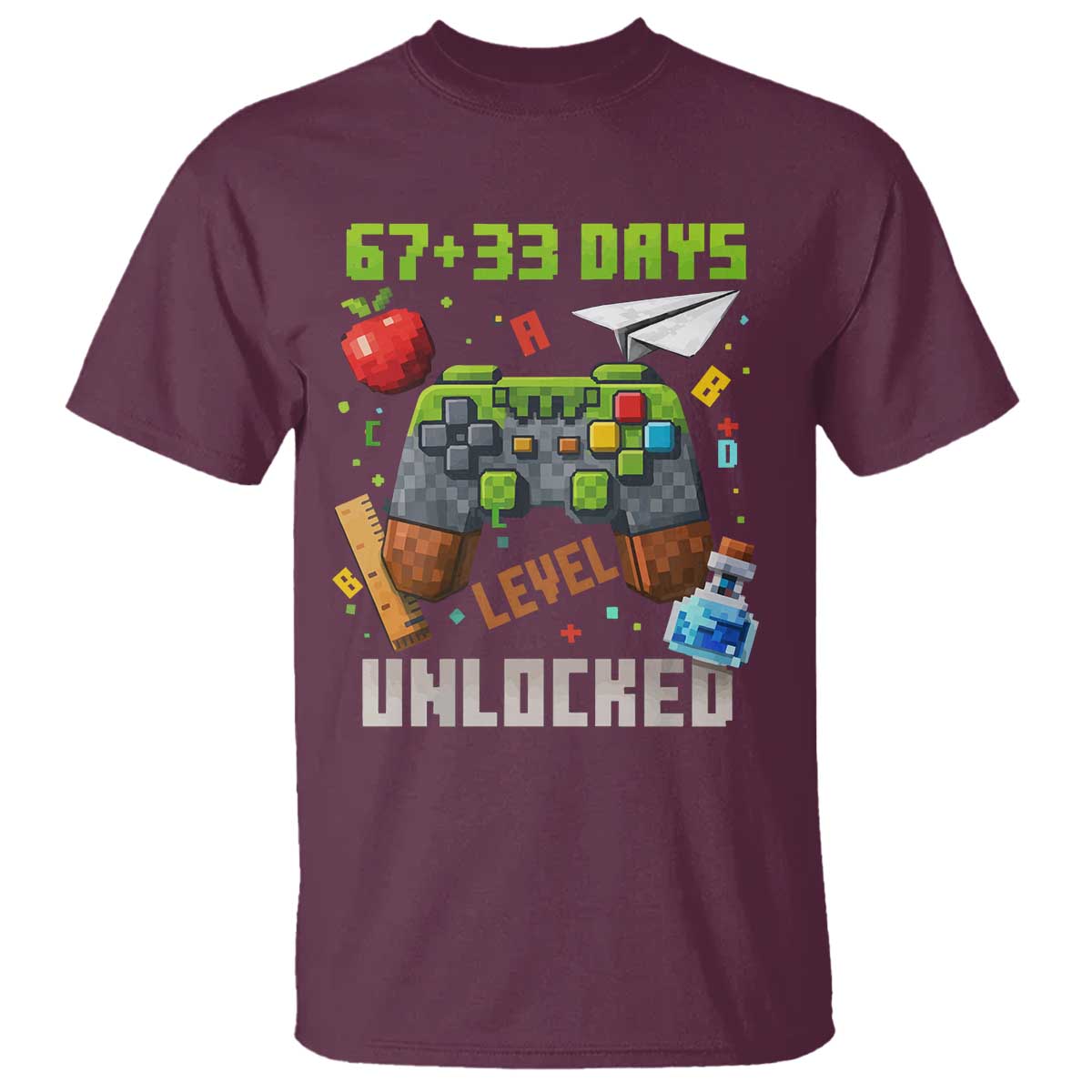 67 33 100 Days Level Unlocked T Shirt - Gaming 100th Day of School Boys Kids Tee TS10 Maroon Print Your Wear