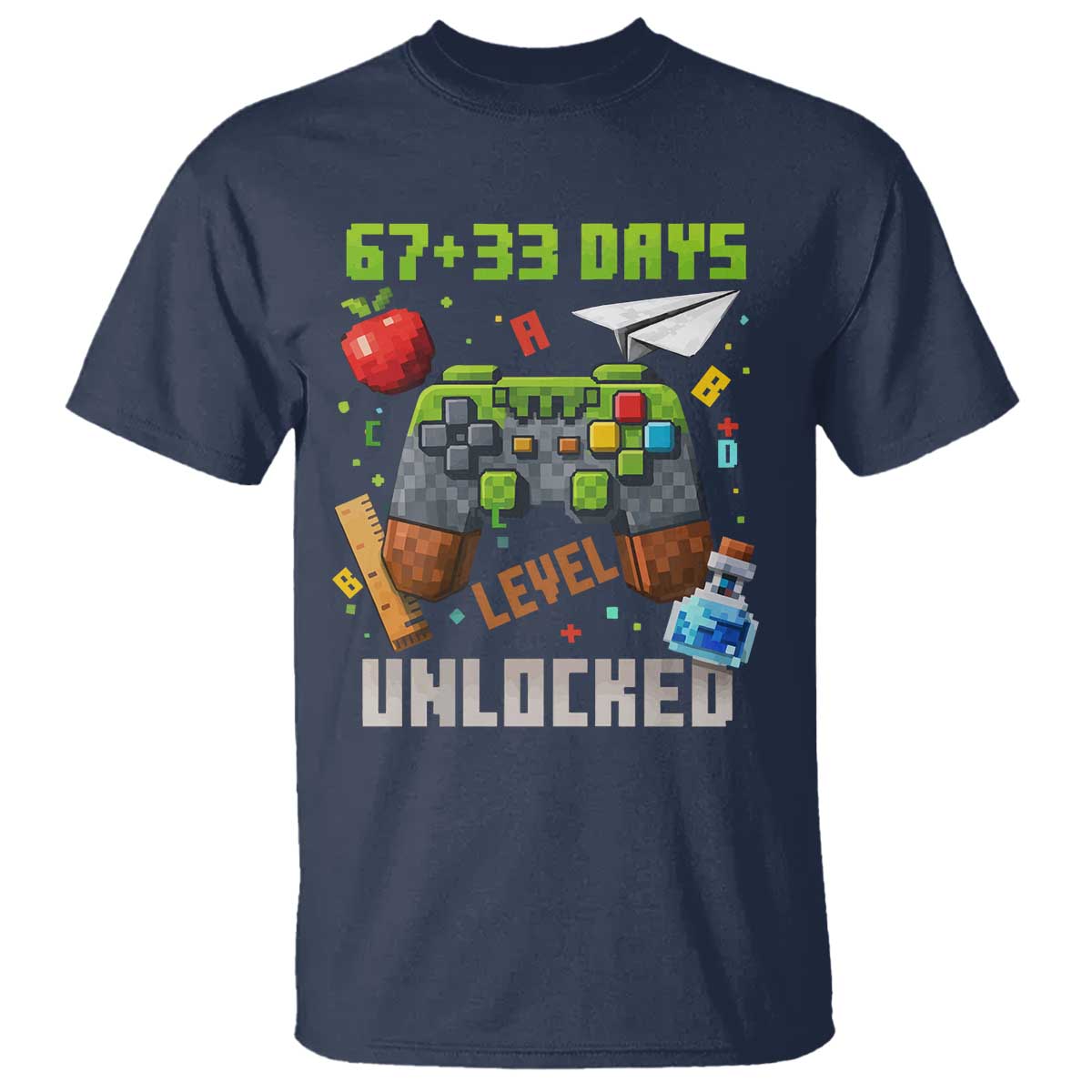 67 33 100 Days Level Unlocked T Shirt - Gaming 100th Day of School Boys Kids Tee TS10 Navy Print Your Wear