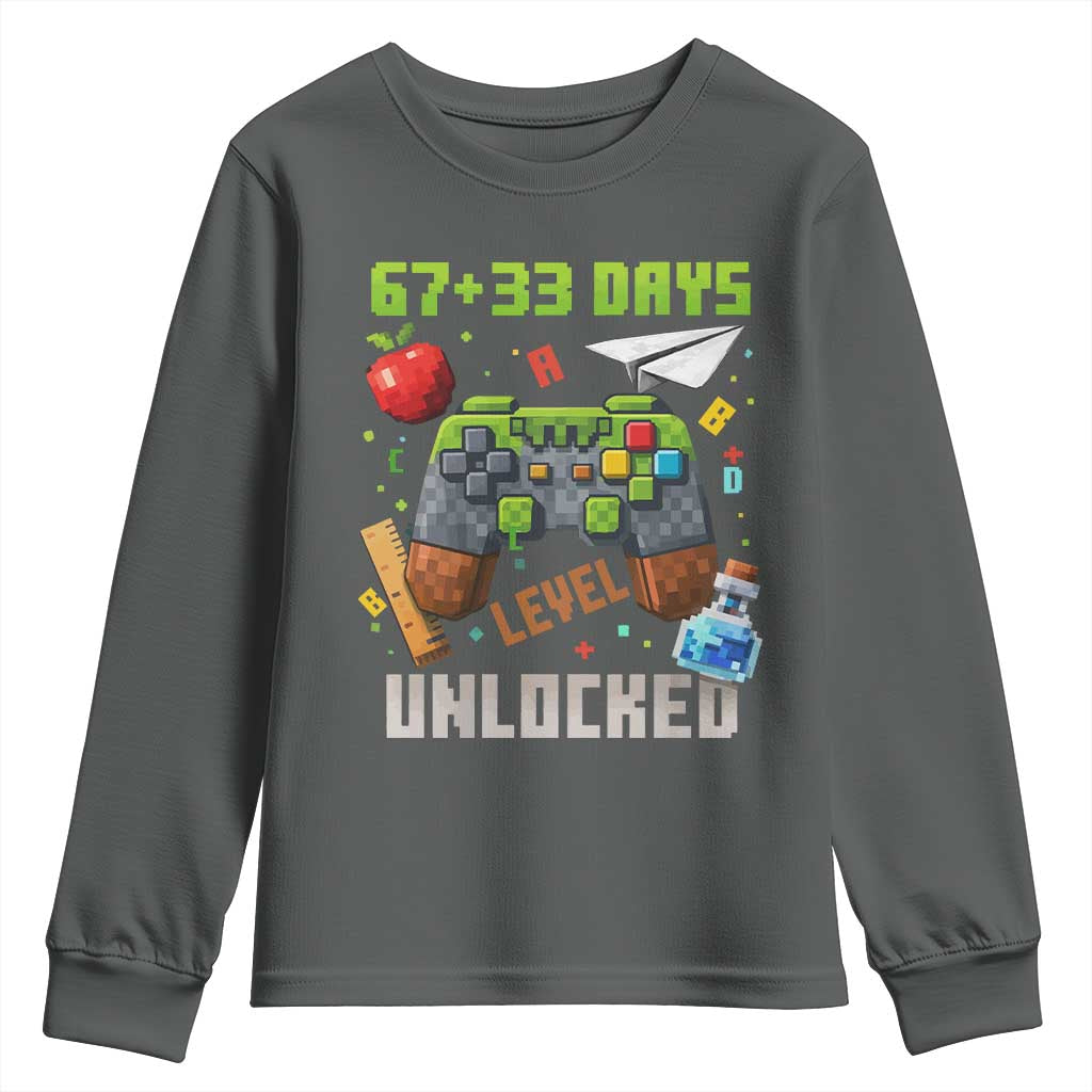 67 33 100 Days Level Unlocked Youth Sweatshirt Gaming 100th Day of School Boys Kid TS10 Dark Heather Print Your Wear