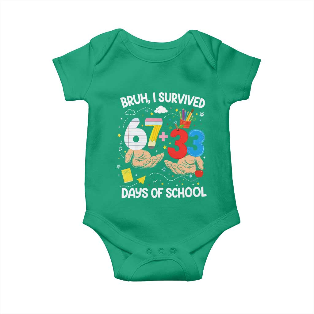 Bruh I Survived 67 33 100 Days of School Baby Onesie Six Seven Teachers Kids TS10 Irish Green Print Your Wear