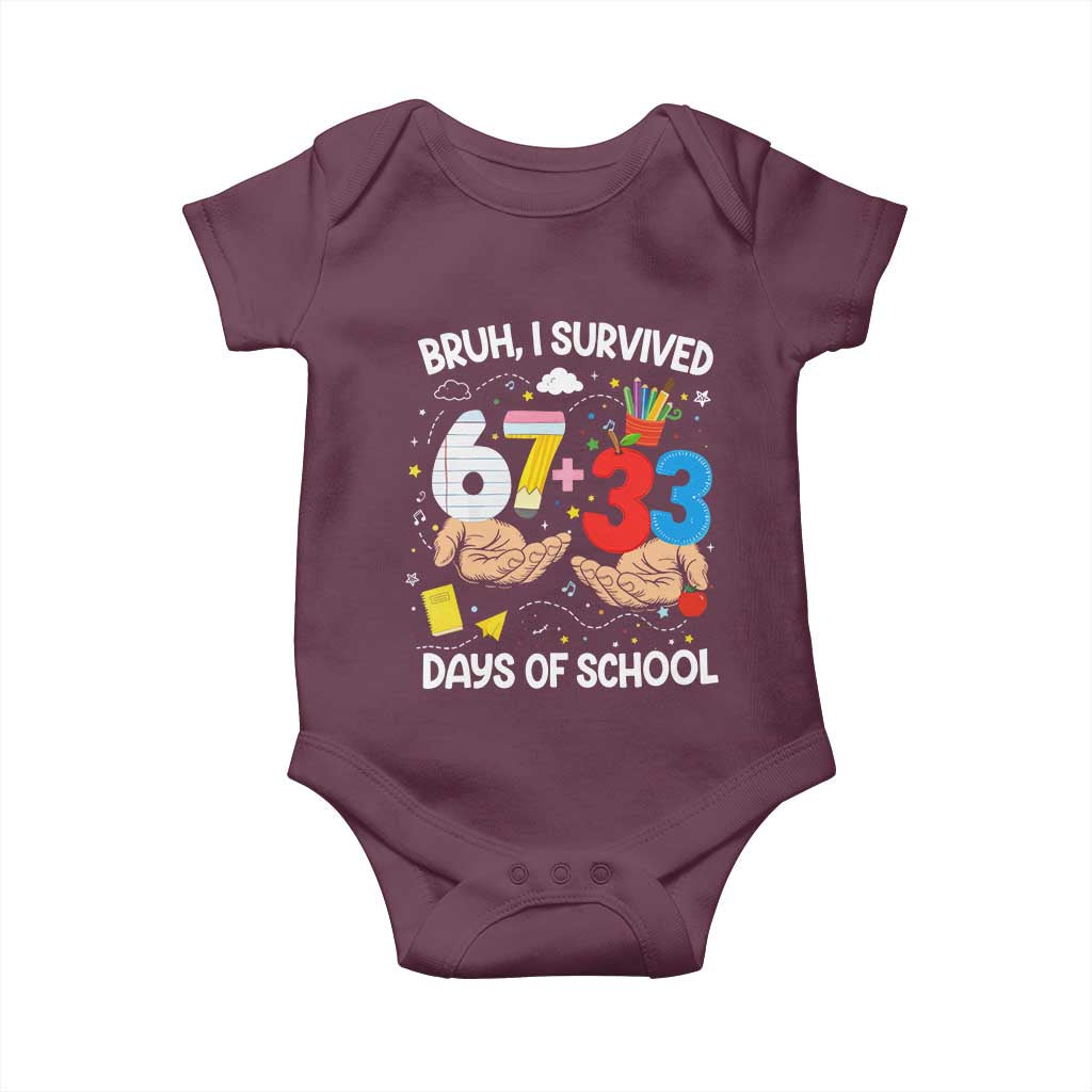 Bruh I Survived 67 33 100 Days of School Baby Onesie Six Seven Teachers Kids TS10 Maroon Print Your Wear