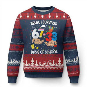 Bruh I Survived 67 33 100 Days of School Ugly Christmas Sweater Six Seven Teachers Kids TS10 Navy Red Print Your Wear