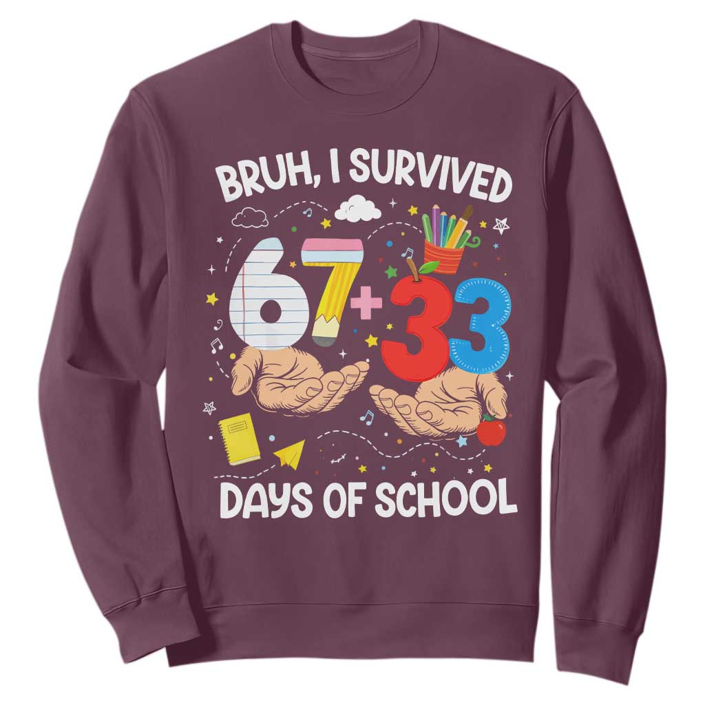 Bruh I Survived 67 33 100 Days of School Sweatshirt Six Seven Teachers Kids TS10 Maroon Print Your Wear
