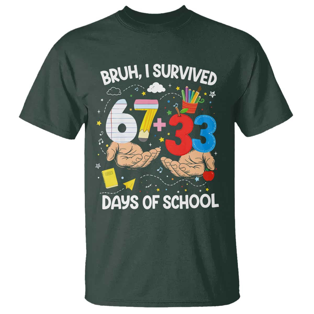 Bruh I Survived 67 33 100 Days of School T Shirt Six Seven Teachers Kids TS10 Dark Forest Green Print Your Wear