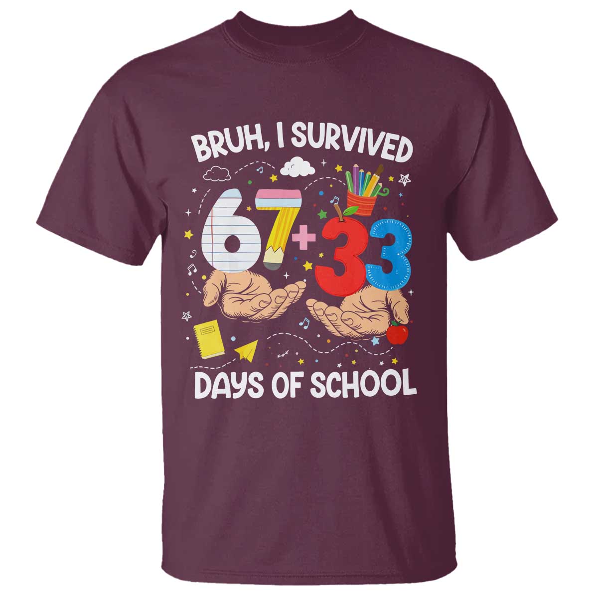 Bruh I Survived 67 33 100 Days of School T Shirt Six Seven Teachers Kids TS10 Maroon Print Your Wear
