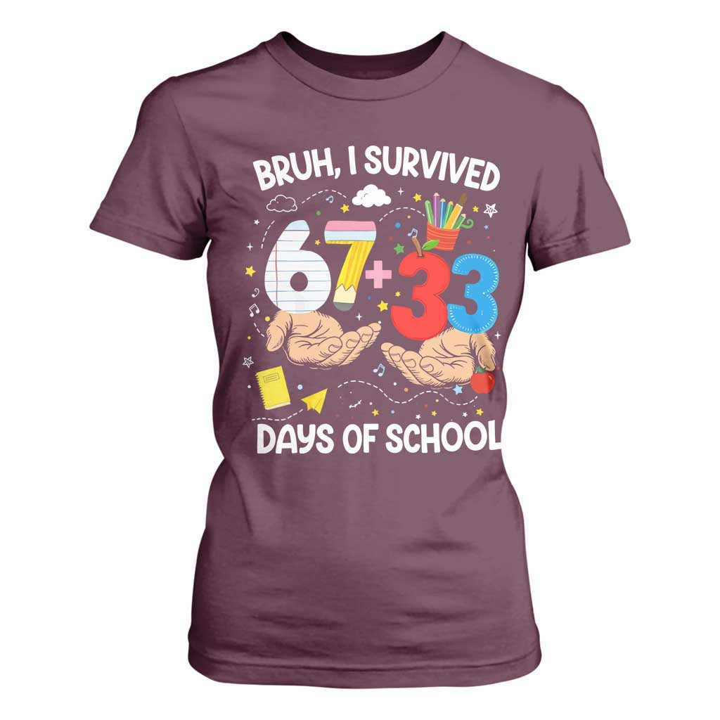 Bruh I Survived 67 33 100 Days of School T Shirt For Women Six Seven Teachers Kids TS10 Maroon Print Your Wear