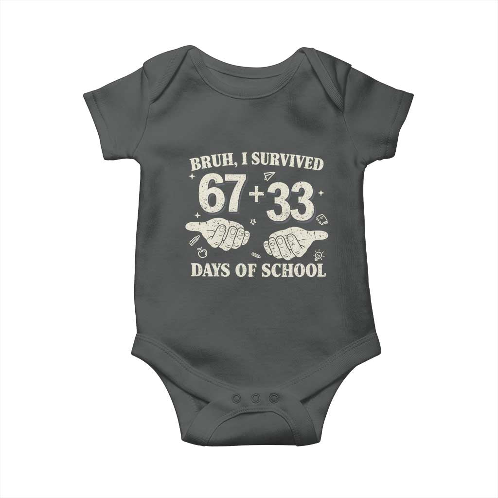 Bruh I Survived 100 Days of School Baby Onesie 67 33 Six Seven Hands Meme Funny Gen Alpha TS10 Dark Heather Print Your Wear