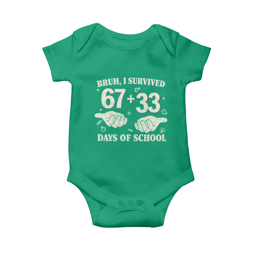 Bruh I Survived 100 Days of School Baby Onesie 67 33 Six Seven Hands Meme Funny Gen Alpha TS10 Irish Green Print Your Wear