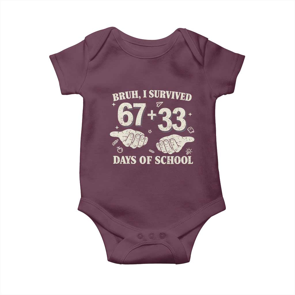 Bruh I Survived 100 Days of School Baby Onesie 67 33 Six Seven Hands Meme Funny Gen Alpha TS10 Maroon Print Your Wear