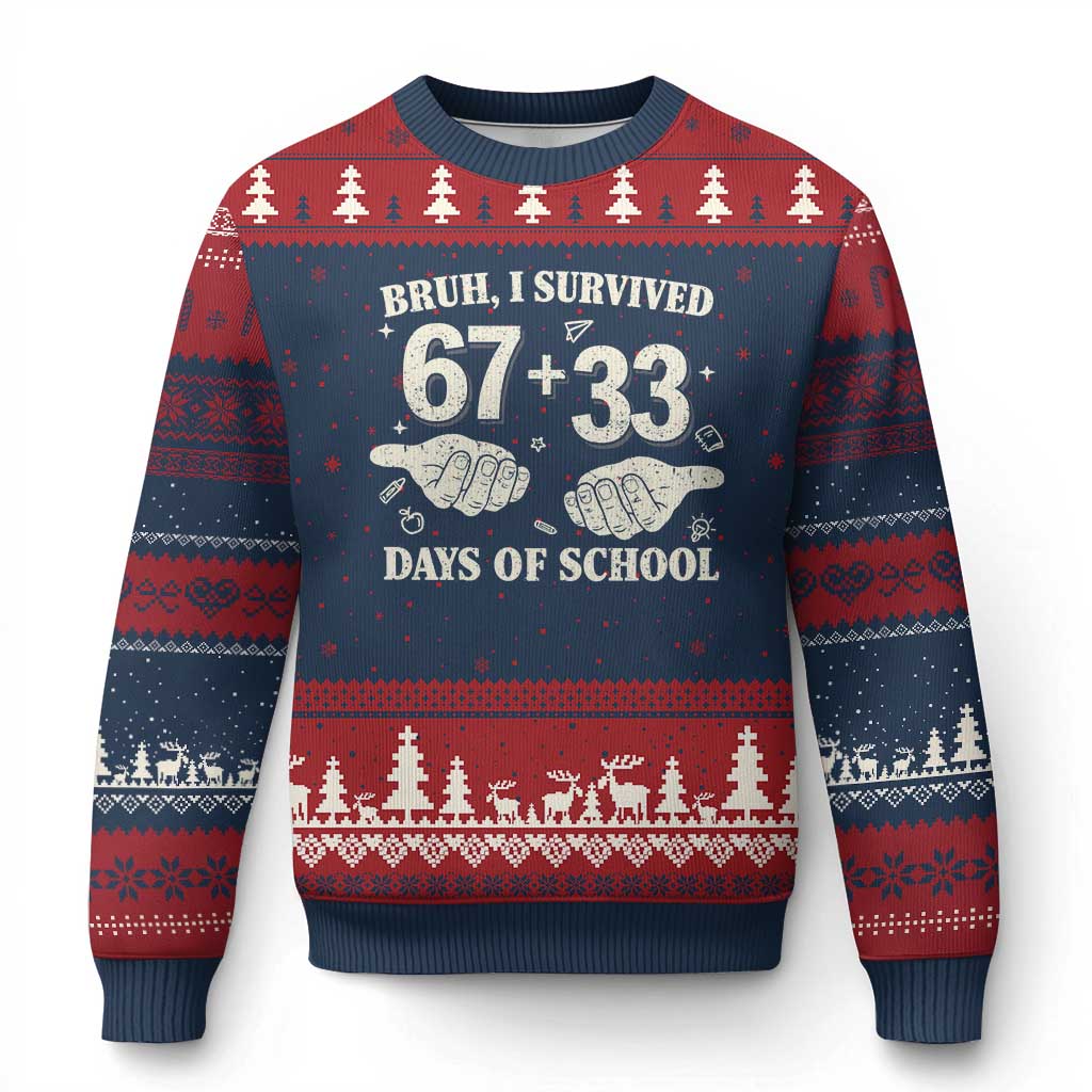 Bruh I Survived 100 Days of School Ugly Christmas Sweater 67 33 Six Seven Hands Meme Funny Gen Alpha TS10 Navy Red Print Your Wear