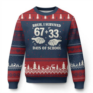 Bruh I Survived 100 Days of School Ugly Christmas Sweater 67 33 Six Seven Hands Meme Funny Gen Alpha TS10 Navy Red Print Your Wear
