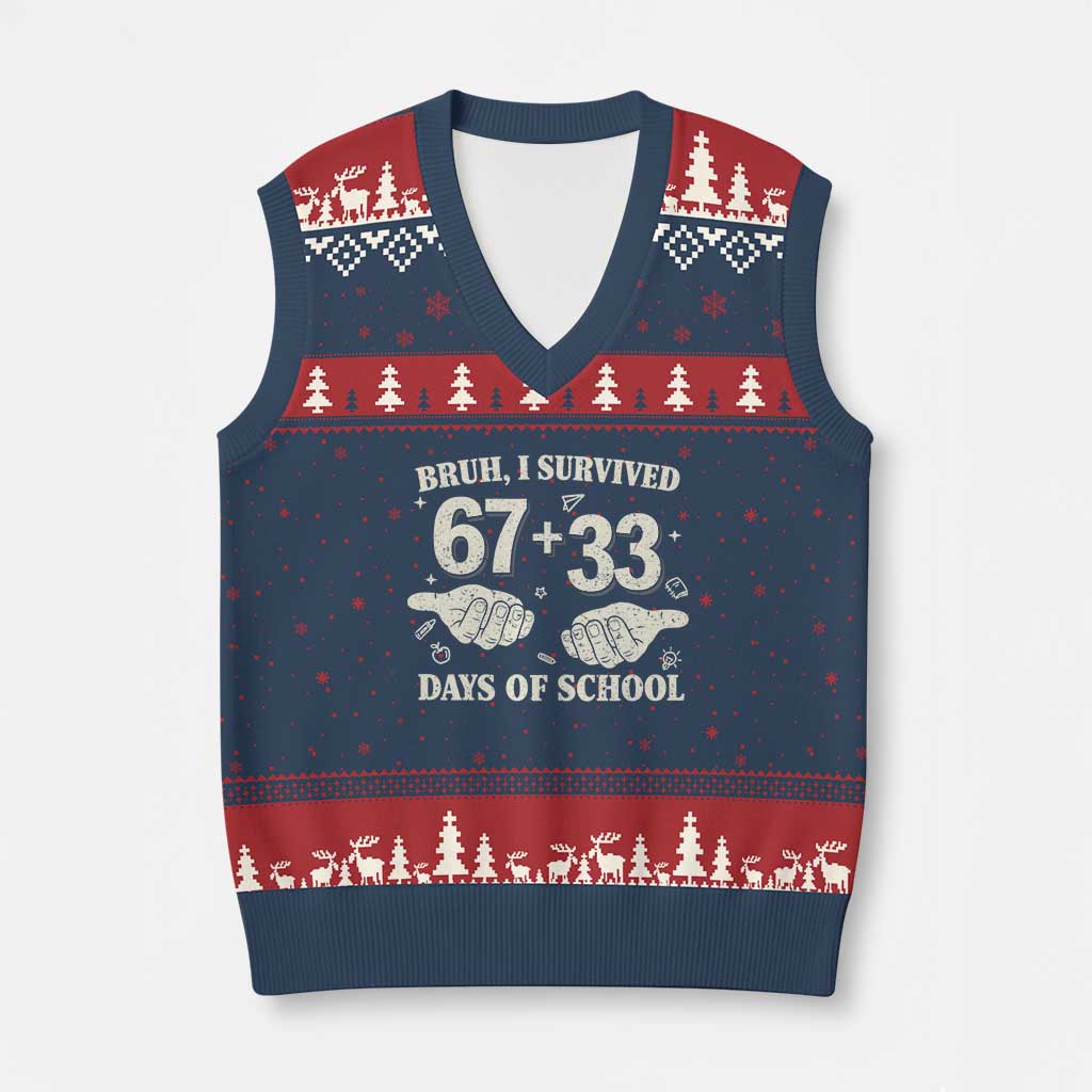 Bruh I Survived 100 Days of School V-Neck Knit Sweater Vest 67 33 Six Seven Hands Meme Funny Gen Alpha TS10 Navy Red Print Your Wear