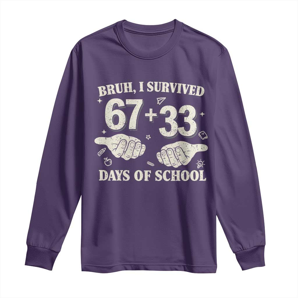 Bruh I Survived 100 Days of School Long Sleeve Shirt 67 33 Six Seven Hands Meme Funny Gen Alpha TS10 Purple Print Your Wear