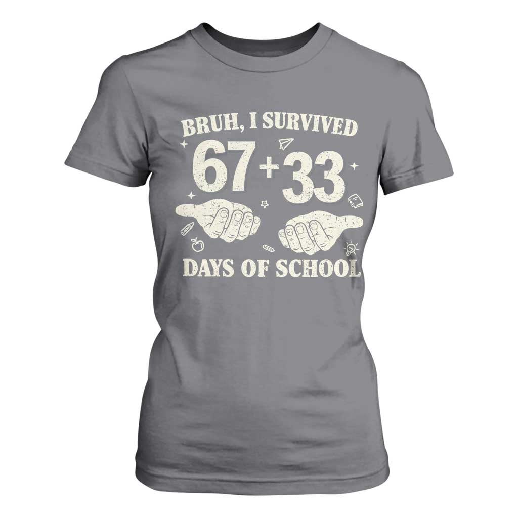 Bruh I Survived 100 Days of School T Shirt For Women 67 33 Six Seven Hands Meme Funny Gen Alpha TS10 Charcoal Print Your Wear