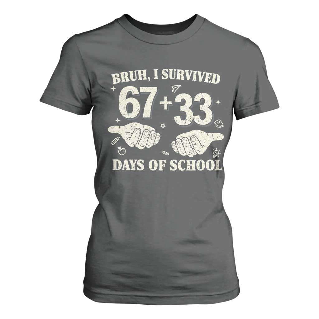 Bruh I Survived 100 Days of School T Shirt For Women 67 33 Six Seven Hands Meme Funny Gen Alpha TS10 Dark Heather Print Your Wear