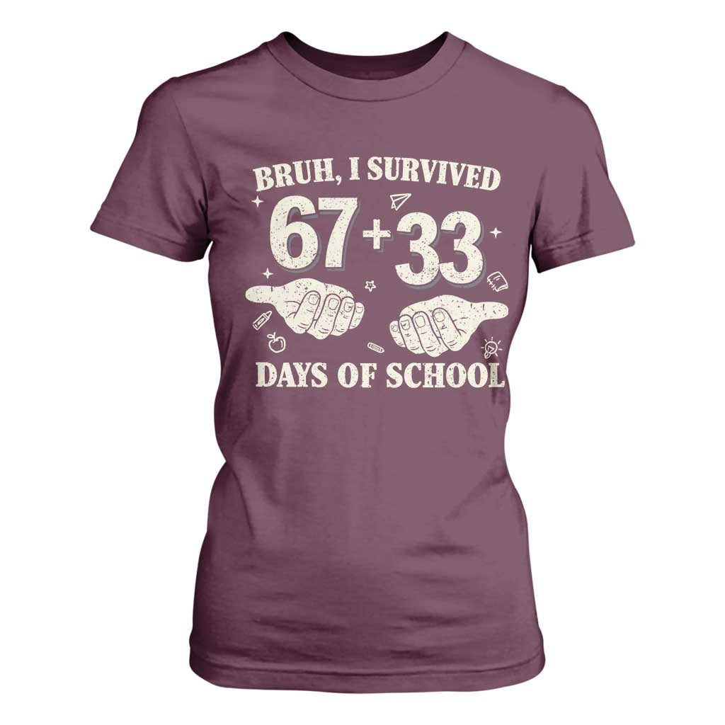 Bruh I Survived 100 Days of School T Shirt For Women 67 33 Six Seven Hands Meme Funny Gen Alpha TS10 Maroon Print Your Wear