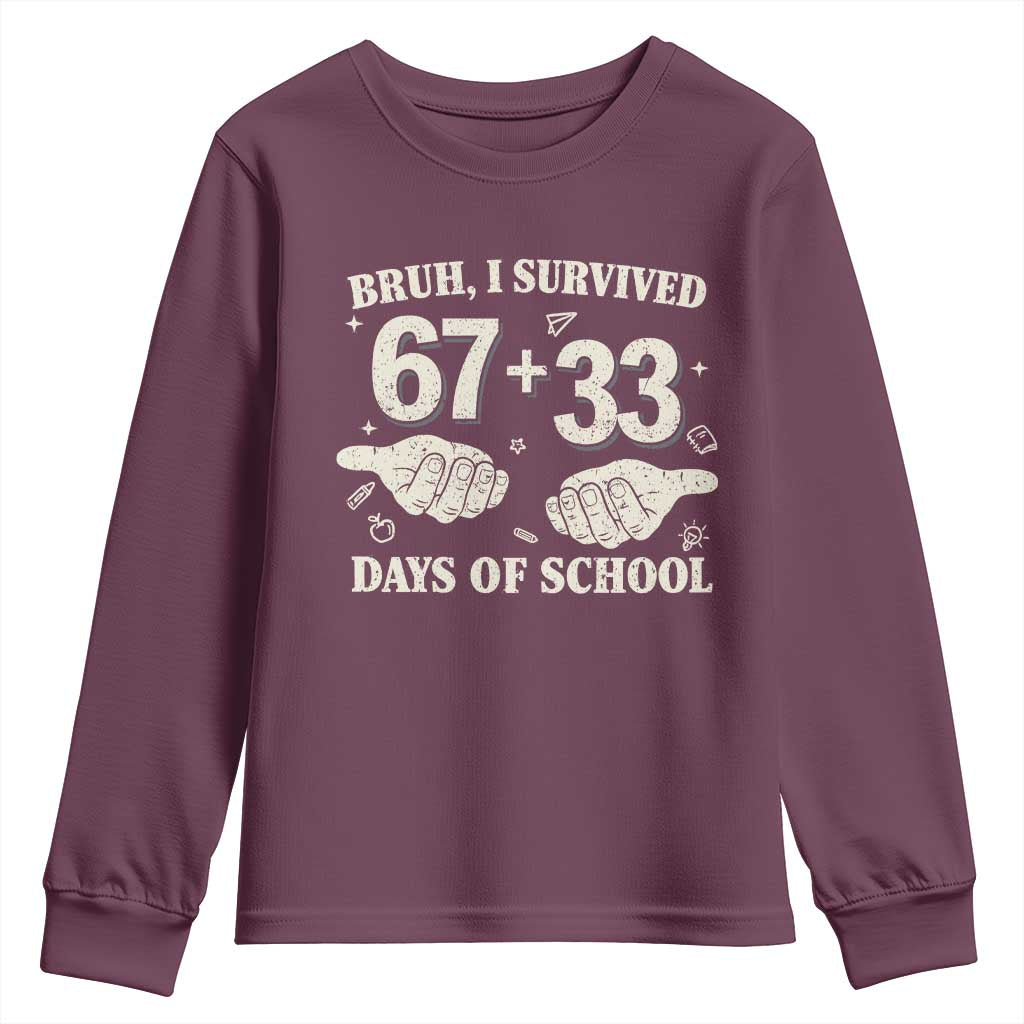 Bruh I Survived 100 Days of School Youth Sweatshirt 67 33 Six Seven Hands Meme Funny Gen Alpha TS10 Maroon Print Your Wear