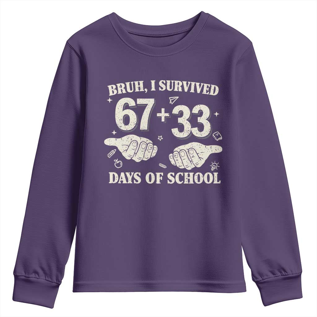 Bruh I Survived 100 Days of School Youth Sweatshirt 67 33 Six Seven Hands Meme Funny Gen Alpha TS10 Purple Print Your Wear