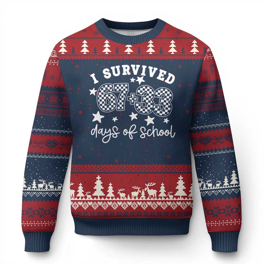I Survived 67 33 100 Days of School Ugly Christmas Sweater Funny 100th Day of School One Hundred Days TS10 Navy Red Print Your Wear