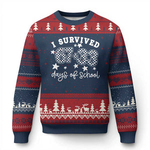 I Survived 67 33 100 Days of School Ugly Christmas Sweater Funny 100th Day of School One Hundred Days TS10 Navy Red Print Your Wear