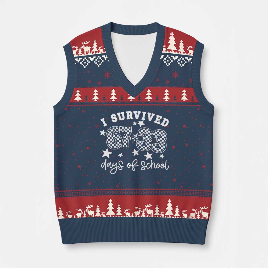 I Survived 67 33 100 Days of School V-Neck Knit Sweater Vest Funny 100th Day of School One Hundred Days TS10 Navy Red Print Your Wear