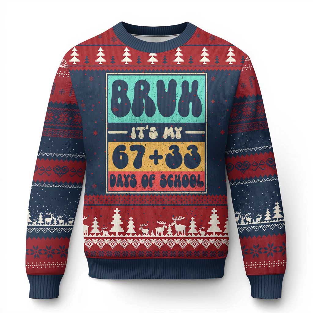 Bruh I Survived 67 33 Days of School Ugly Christmas Sweater Retro 100th Day of School Boys Teachers Pupils TS10 Navy Red Print Your Wear