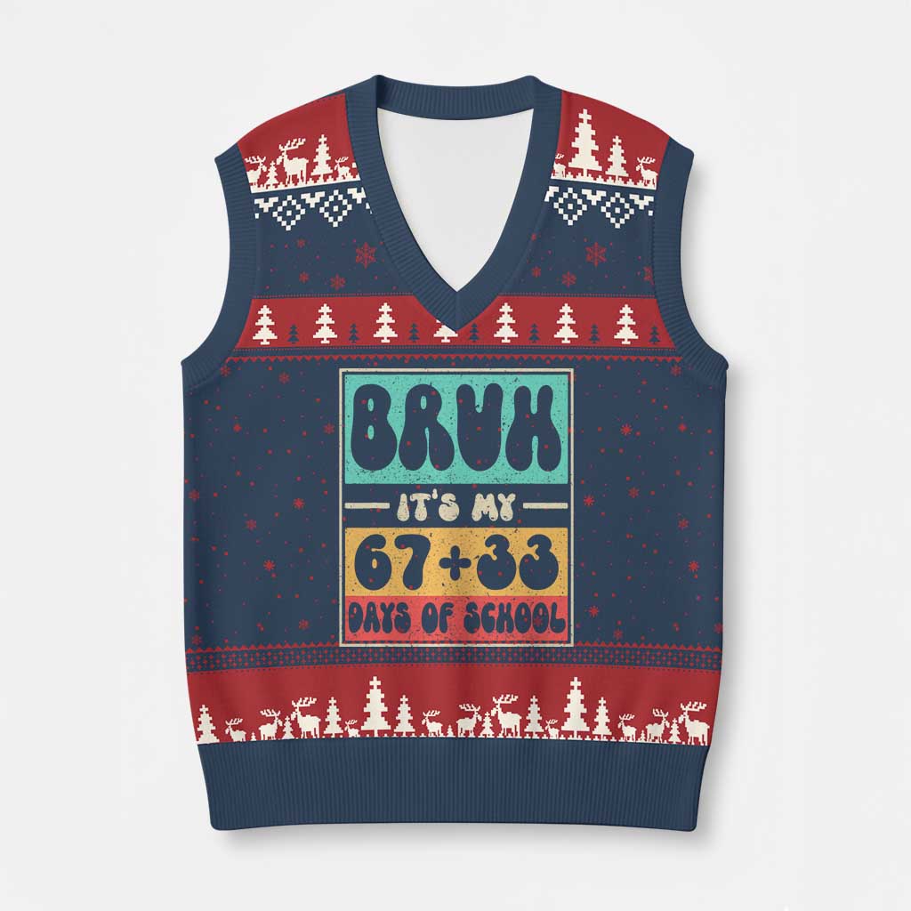 Bruh I Survived 67 33 Days of School V-Neck Knit Sweater Vest Retro 100th Day of School Boys Teachers Pupils TS10 Navy Red Print Your Wear