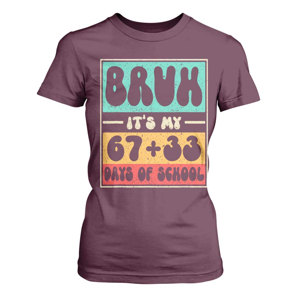 Bruh I Survived 67 33 Days of School T Shirt For Women Retro 100th Day of School Boys Teachers Pupils TS10 Maroon Print Your Wear