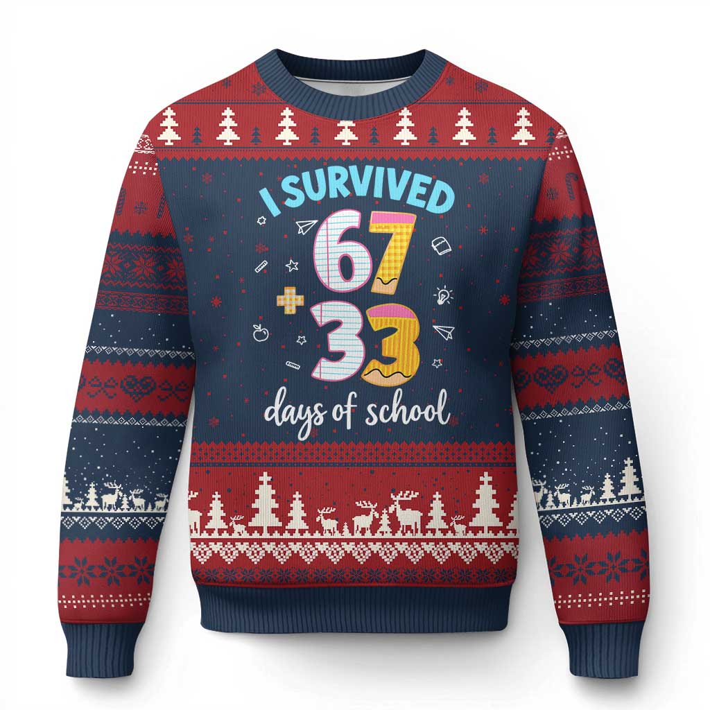 100 Days Of School 67 Funny Six Seven Meme Ugly Christmas Sweater TS10 Navy Red Print Your Wear