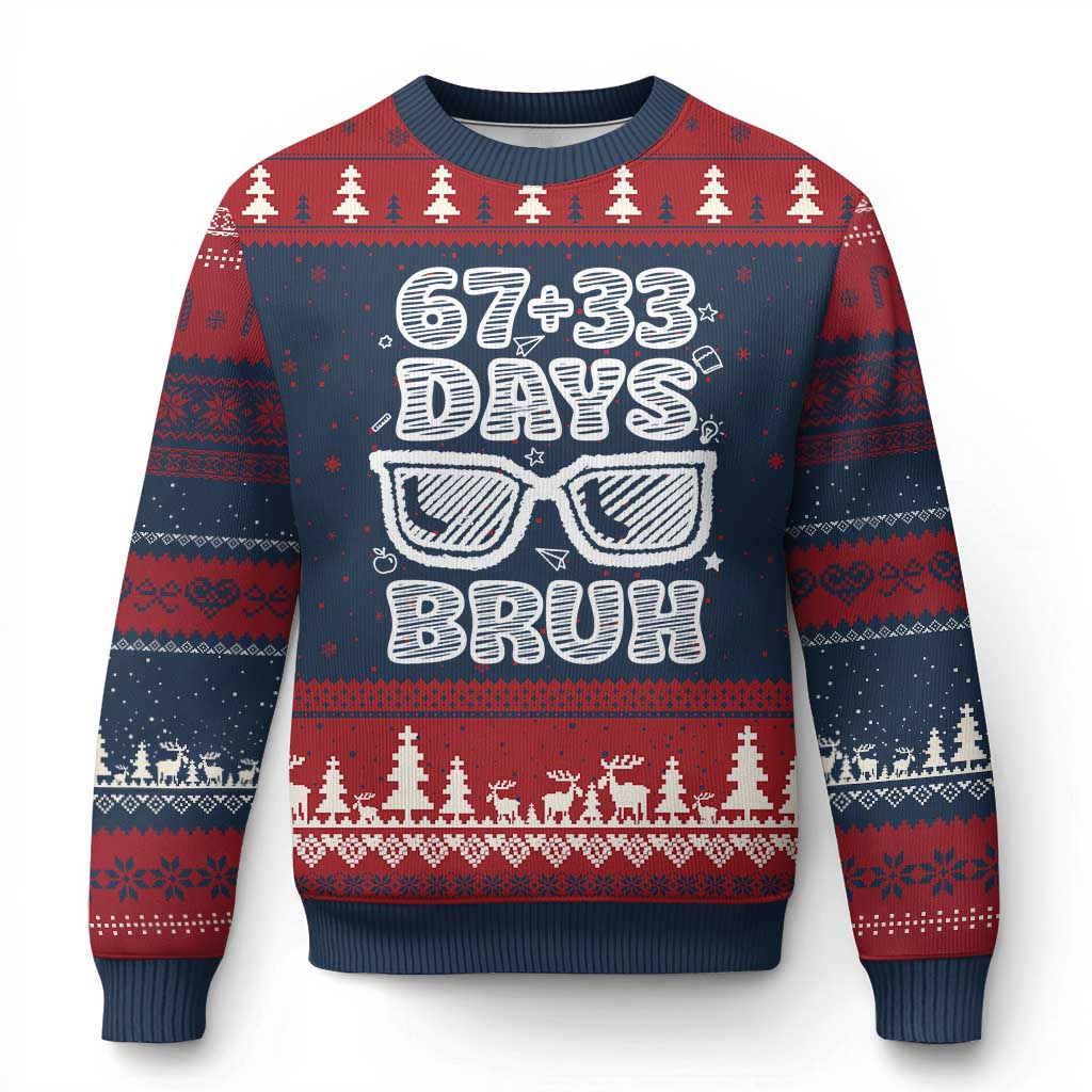 Bruh 100 Days Of School 67 Ugly Christmas Sweater Funny Six Seven Meme Sunglasses TS10 Navy Red Print Your Wear