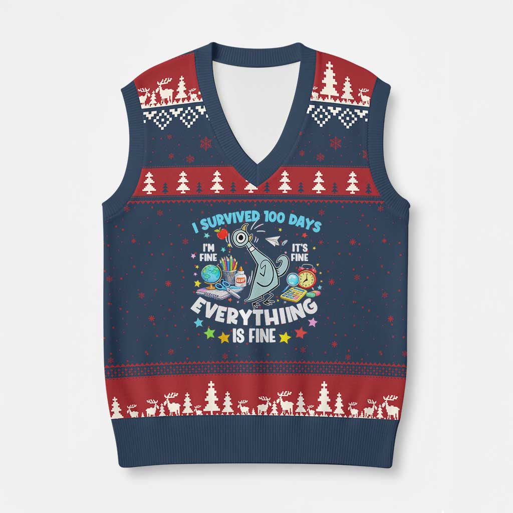 I Survived 100 Days Of School V-Neck Knit Sweater Vest Funny Pigeon 100th Day Teacher TS10 Navy Red Print Your Wear