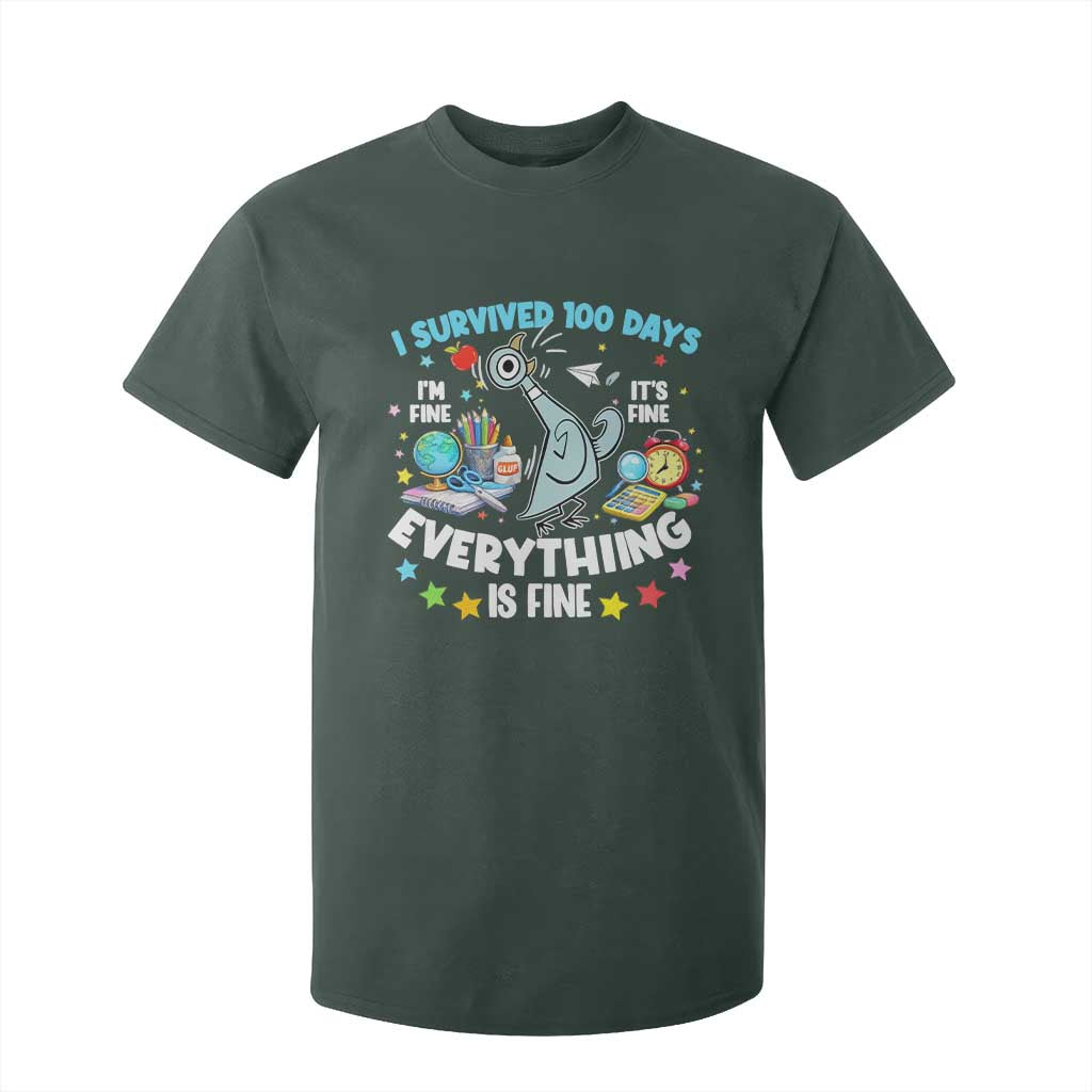 I Survived 100 Days Of School T Shirt For Kid Funny Pigeon 100th Day Teacher TS10 Dark Forest Green Print Your Wear