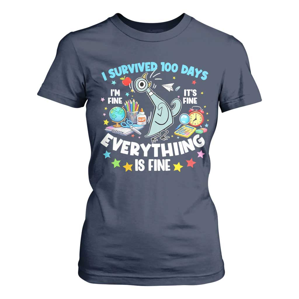 I Survived 100 Days Of School T Shirt For Women Funny Pigeon 100th Day Teacher TS10 Navy Print Your Wear