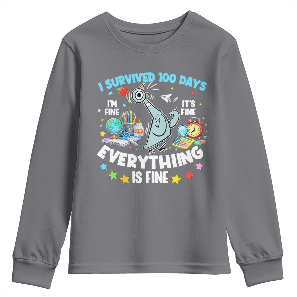I Survived 100 Days Of School Youth Sweatshirt Funny Pigeon 100th Day Teacher TS10 Charcoal Print Your Wear